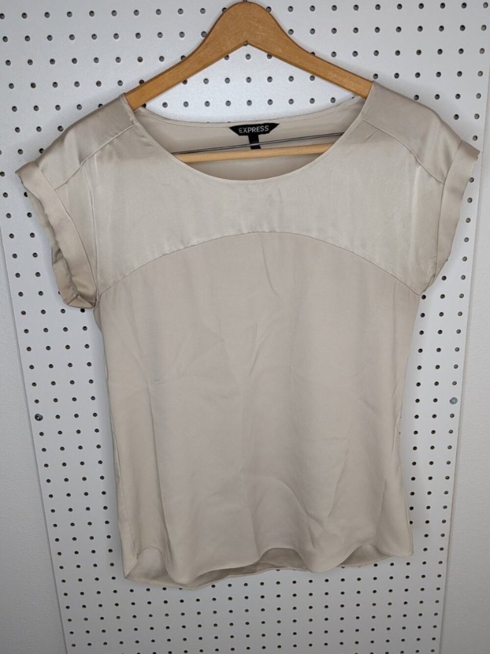 Express Satin Front Short Sleeve Y2K Cream Ivory Silky Office Work Blouse Modest